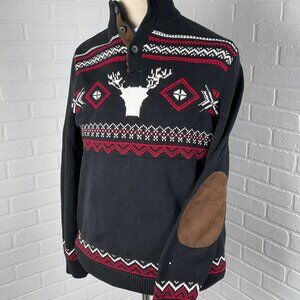 Chaps Sweater Men Medium Black Red Nordic Deer Suede Elbow Patches Classic VTG‎